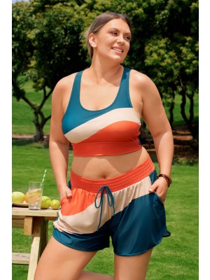 Petrolfarbene Plus-Size Sportshorts mit Farbblock-Design, elastischem Bund und Taschen – stylisch und bequem