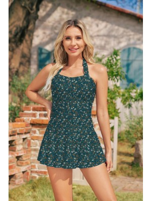 Blaues Neckholder-Badeanzugkleid mit Blumenmuster im tropischen Resort-Stil