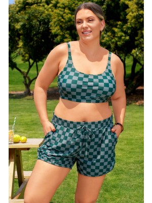 Grün kariertes Plus-Size Bikini-Top mit verstellbaren Trägern und Boyshorts – schickes Set