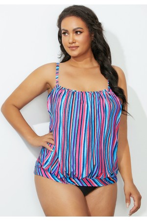 Bunt gestreiftes Bandeau-Blouson-Tankini-Set