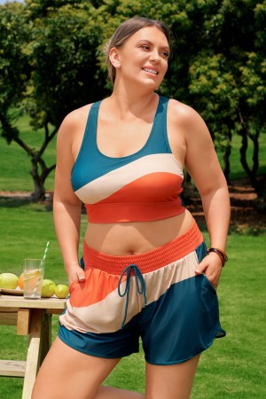 Türkisfarbenes Colorblock Plus-Size Bikini-Top mit Rundhalsausschnitt und Reißverschluss im sportlichen Stil