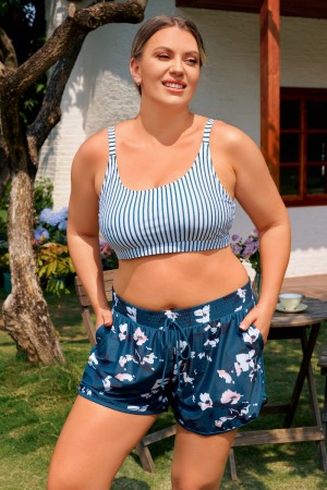 Gestreiftes und Blumenmuster Plus-Size Bikini-Top mit verstellbaren Trägern – trendiges Set mit Boyshorts