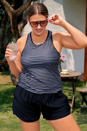 Schwarz-gestreiftes Plus-Size Tankini-Top mit Racerback und klassischem sportlichem Stil – Boyshorts-Set