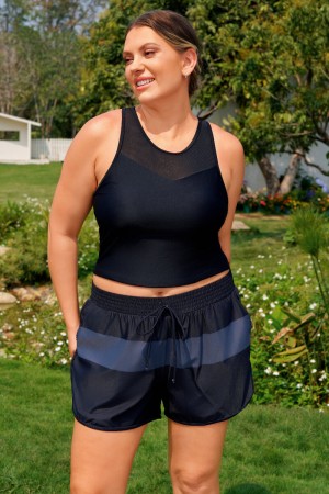Schwarzes Mesh-Nacken-Racerback Plus-Size Bikini-Top im Vintage-Stil mit Boyshorts
