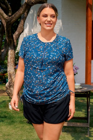 Blumenmuster Tankini-Top mit Ärmeln und elegantem Stil – Plus-Size Set mit Boyshorts