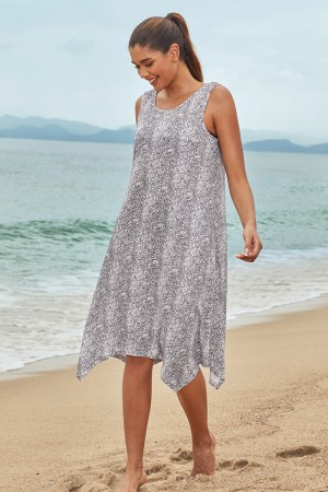 Graues, ärmelloses, langes Strandkleid mit U-Ausschnitt und unregelmäßigem Saum