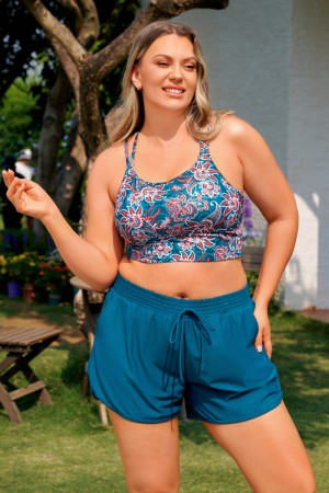 Grünes Blumenmuster Plus-Size Bikini-Top mit Spaghettiträgern und Kreuzrücken – Boyshorts-Set