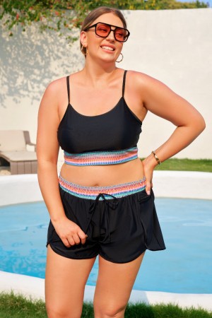 Schwarze Plus-Size Sportliche Shorts mit Reißverschlusstaschen
