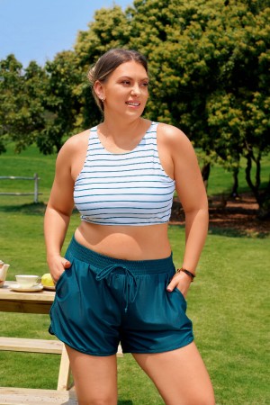 Grün-weiß gestreiftes Plus-Size Bikini-Top im frischen Stil mit Boyshorts-Set