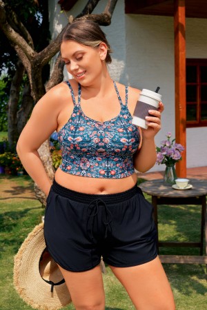 Blumenmuster Plus-Size Bikini-Top mit Spaghettiträgern und Kreuzrücken – schickes Set mit Boyshorts