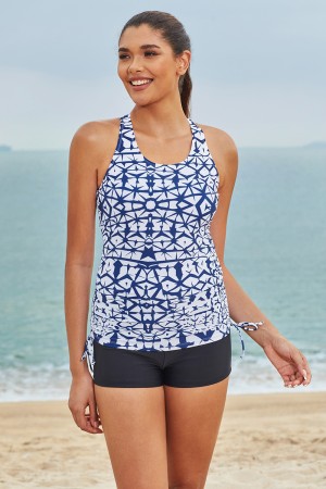 Blaues, einzigartiges, geometrisches Muster, U-Ausschnitt, Kordelzug an den Seiten, sportliches Tankini-Set