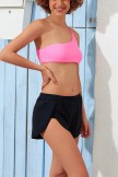 Pink OneShoulder Bikini Top And Black Sporty Bottom