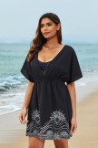 Black Geometric Print V Neck Short Sleeves Cover Up