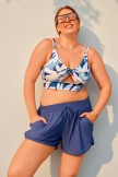 Blue Romantic Floral Adjustable Strap Plus Size Bikini Top with Boy Shorts Set