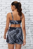 Black Floral Adjustable Straps Bikini Top And Unique Short Set