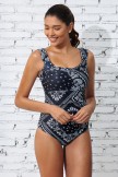 Black Floral Scoop Neck Wide Straps Tummy Control OnePiece Swimsuit
