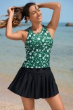 Green Floral Racerback Tankini Top and Skirt Set
