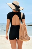 Black Sleeved Snap Button Timeless OnePiece Swimsuit