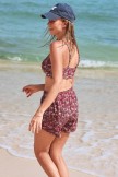 Burgundy Floral Adjustable Strap Vintagestyle Bikini Top with Boy Short Set