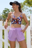 Purple Floral Knot Front Chic Bikini Top with Boy Short Set