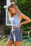 Blue Striped with Scalloped Edges Chic Fresh Bikini Top and Boy Short Set