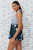 White &  Green Colorblock Stripe Halter Straps Sweetheart Neck Casual Swimdress
