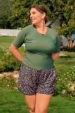 Green ShortSleeved Zipper Sporty Plus Size Tankini Top with Boy Short Set