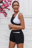 Black & White Coloblock Vneck Mesh Patchwork Sporty Bikini Top And HighWaist Boy Shorts Set