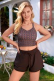 Brown Diamond Pattern VNeck Delicate Vintage Bikini Top with Boy Short Set
