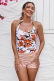 Striped & Floral Halter Strap Twisted Front Ruching Tummy Control Casual OnePiece Swimsuit