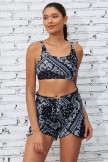 Black Floral Adjustable Straps Bikini Top And Unique Short Set