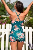 Green Floral Scallop Detail Charming OnePiece Swimsuit
