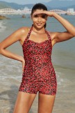 Red Floral Halter Strap Sweetheart Neck Ruching Tummy Control Casual OnePiece Swimsuit