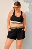 Black Colorblock Zipper Back Sporty Plus Size Bikini Top with Boy Short Set