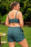 Green Checked Adjustable Straps Chic Plus Size Bikini Top with Boy Short Set