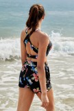 Black Floral Scoop Neck Sporty Bikini Top With HighWaisted Boy Shorts Set