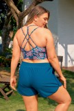 Green Floral Spaghetti Straps Crossback Plus Size Bikini Top with Boy Short Set