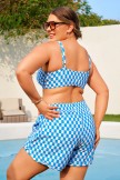 Blue Checked Adjustable Straps Chic Plus Size Bikini Top with Boy Short Set