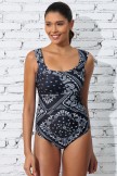 Black Floral Scoop Neck Wide Straps Tummy Control OnePiece Swimsuit