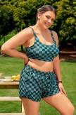 Green Checked Adjustable Straps Chic Plus Size Bikini Top with Boy Short Set