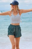 White And Green Striped VNeck Cute And Vibrant Bikini Top and Boy Short Set
