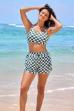 Green Checked HighWaisted Sporty Bikini Top and Boy Short Set