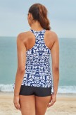 Blue Unique Geometric Pattern Scoop Neck Drawstring Sides Sporty Tankini Set