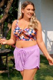 Purple Floral Knot Front Chic Plus Size Bikini Top with Boy Short Set