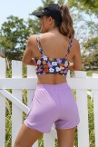 Purple Floral Knot Front Chic Bikini Top with Boy Short Set