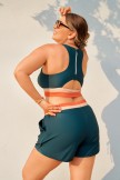 Teal Colorblock Zipper Back Sporty Plus Size Bikini Top with Boy Short Set