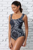 Black Floral Scoop Neck Wide Straps Tummy Control OnePiece Swimsuit