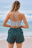 White And Green Striped VNeck Cute And Vibrant Bikini Top and Boy Short Set