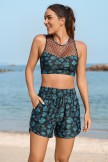 Green Floral Mesh Neck Chic Bikini Top with Boy Short Set