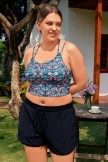 Floral Spaghetti Straps Crossback Chic Plus Size Bikini Top with Boy Short Set